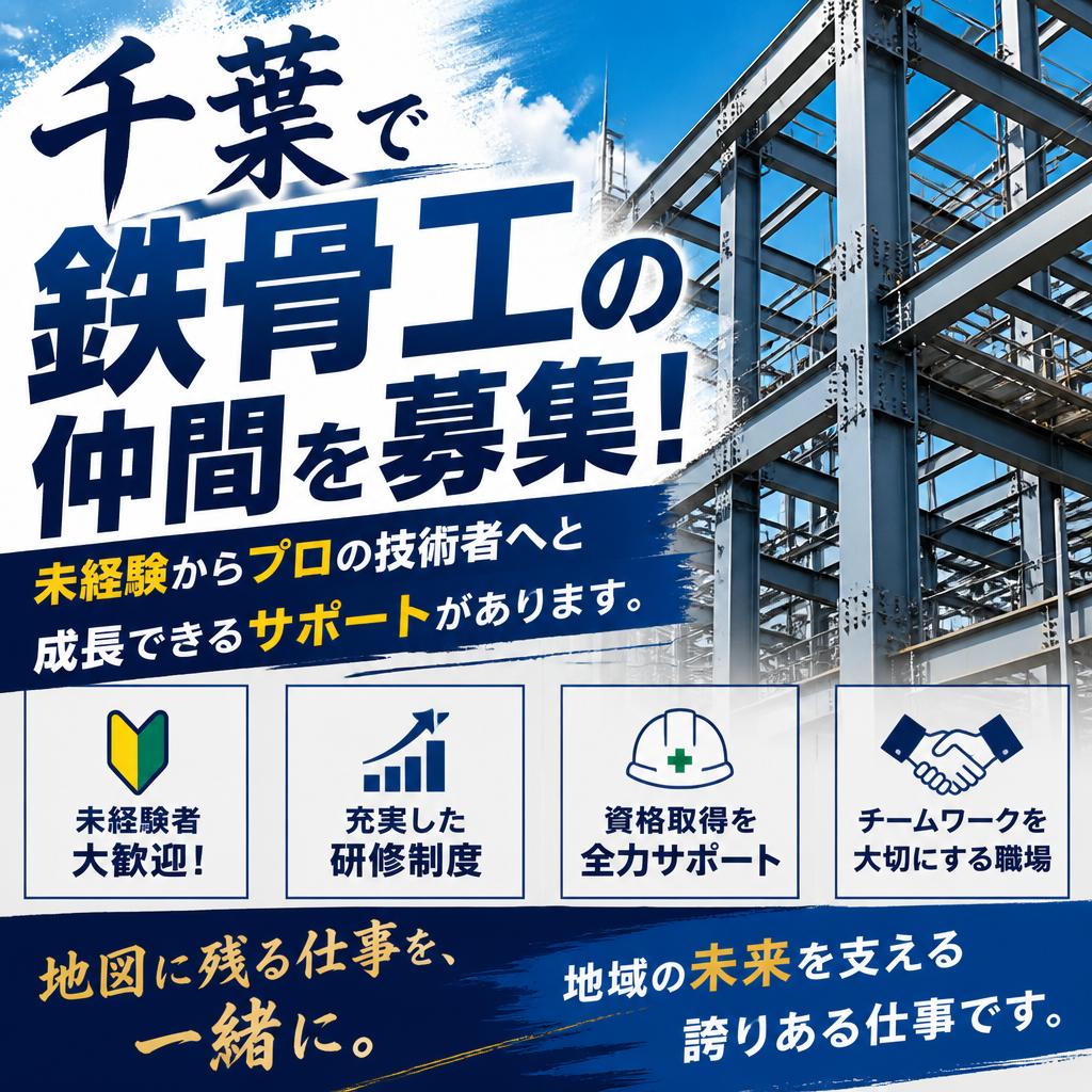 千葉で鉄骨工の仲間を募集！未経験からプロの技術者へと成長できるサポートがあります。