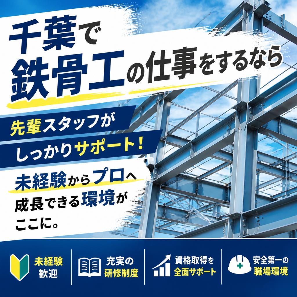 千葉で鉄骨工の仕事をするなら<br />
先輩スタッフがしっかりサポート！未経験からプロへ成長できる環境がここに。