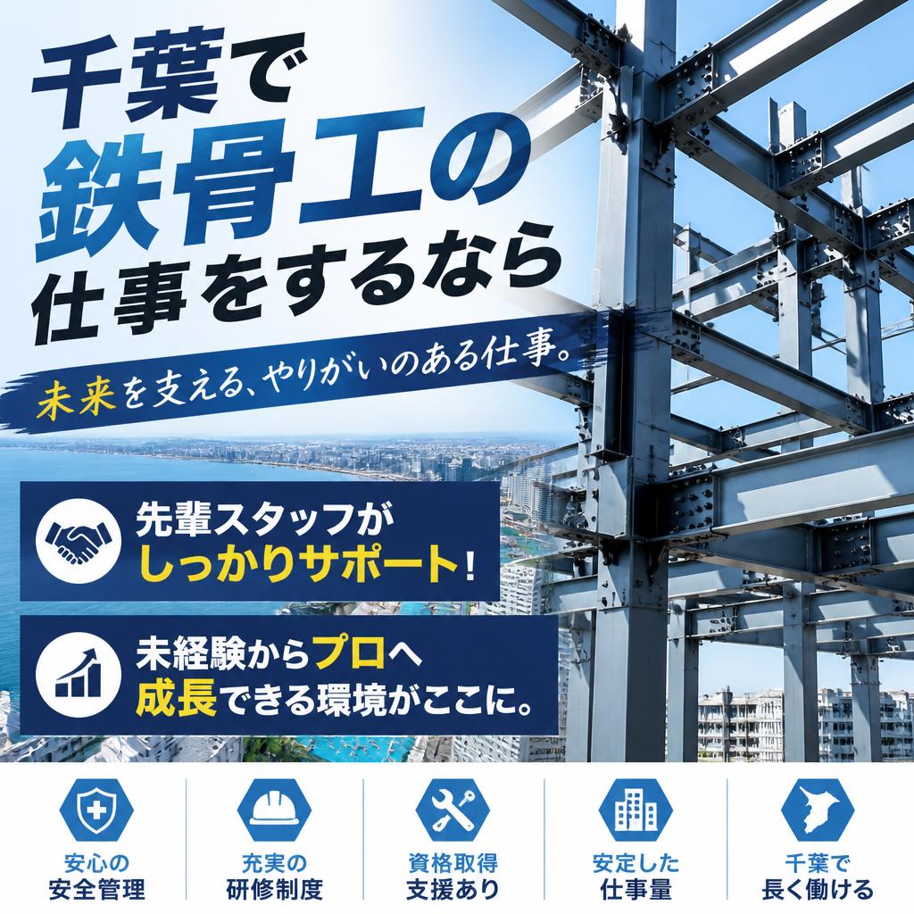 千葉で鉄骨工の仕事をするなら<br />
先輩スタッフがしっかりサポート！未経験からプロへ成長できる環境がここに。