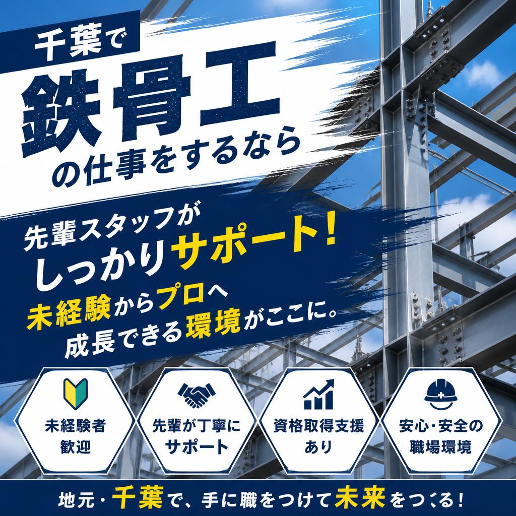 千葉で鉄骨工の仕事をするなら
先輩スタッフがしっかりサポート！未経験からプロへ成長できる環境がここに。